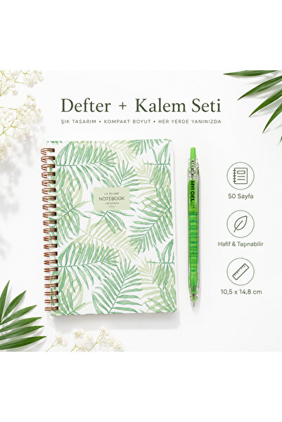 Şahin Yaprak Desenli Spiralli Mini Defter + Yeşil Uçlu Kalem 50 Sayfa 10,5 x ...