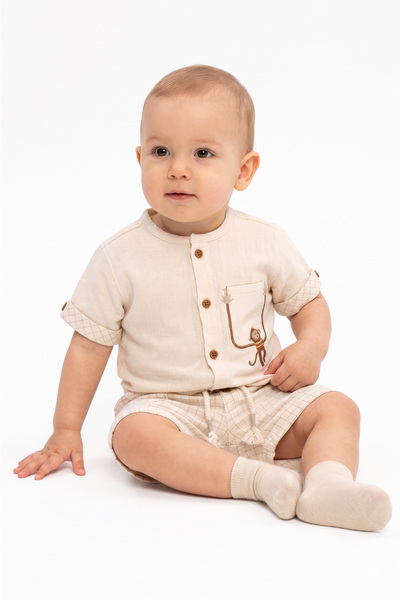 bebegen Baby Boy Ecru Monkey Embroidered Striped Shorts 2-Piece Muslin Set