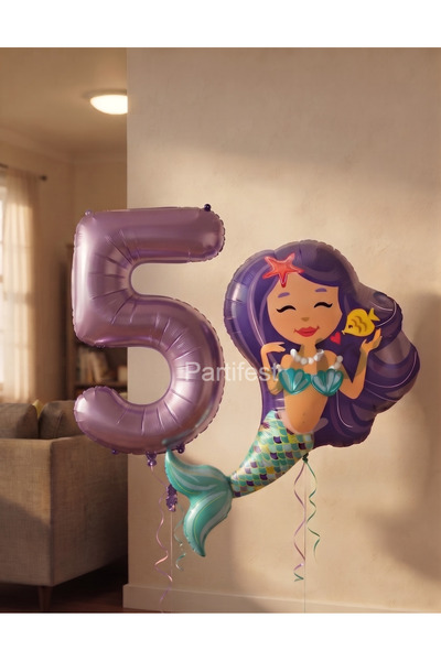 Partifest Mermaid Themed Foil Balloon Set - Purple Number Balloon for 5 Year ...
