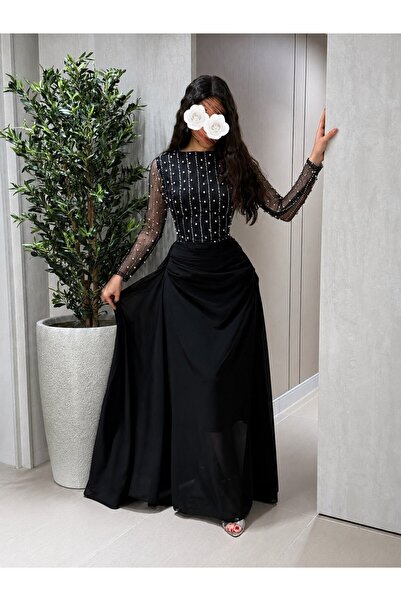 Kurtah Crystal Embellished Evening Gown with Sheer Sleeves