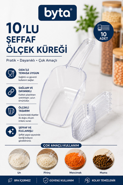 BYTA 10'lu Şeffaf Plastik Ölçek Küreği Çok Amaçlı Gıda, Bakliyat ve Mama Ölçü...