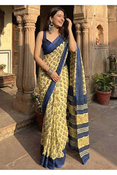 MYSMAR Yellow & Blue Pure Cotton Printed Saree - FFT7375 | Yellow & Blue