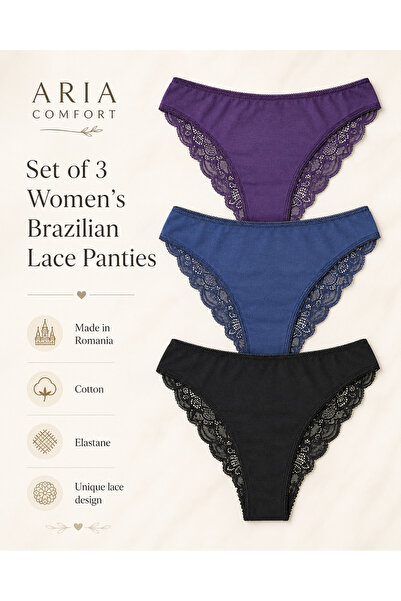 Aria Comfort Set 3 Chiloți Brazilieni Damă cu Dantelă – Bumbac,(Negru, Bleuma...