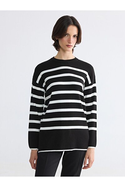 LC Waikiki Lcw Everyday Black Crew Neck Striped Women's Knitwear Sweater