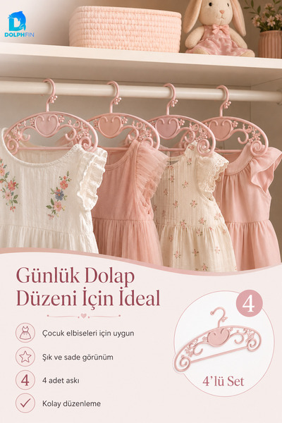 DolphFin Prenses Elbise Askısı 4’lü Plastik Bebek Çocuk Kıyafet Askısı Dolap ...