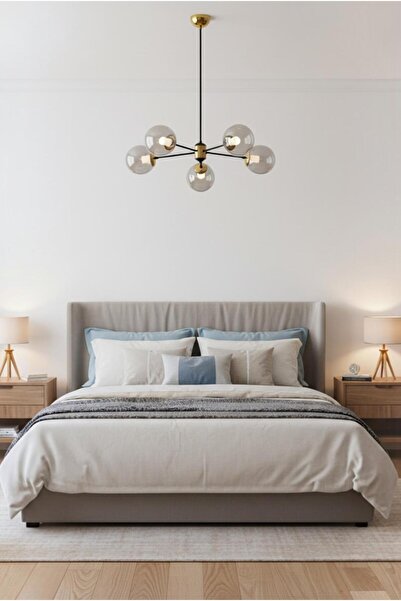 Elizim Home Lighting Mercan 5 Toplu Siyah Kollu Gold Detaylı Avize