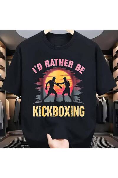 STITCHLY تي شيرت أسود أنيق بتصميم ملاكمة، مع حروف وردية تقول "I'D Rather Be" ...