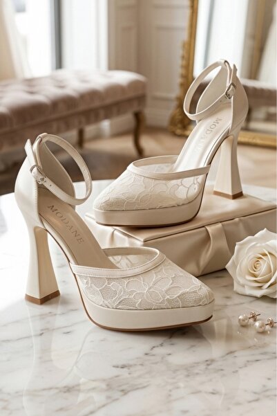 ModaNef Women's 10 cm Platform Stylish Mesh Guipure Detailed Bridal and Eveni...