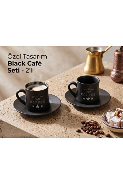 Elista Matte Black "Delicious Café" Design Coffee Cup Set of 2 90 ml