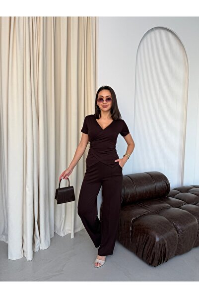 Elaxi Women's Buckled Double-Breasted Top and Striped Modal Pants Set