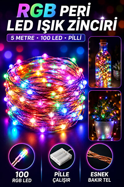 Hane Dostu 5 Metre 100 LED RGB Pilli Peri Işık Zinciri Dekoratif Bakır Tel Yı...