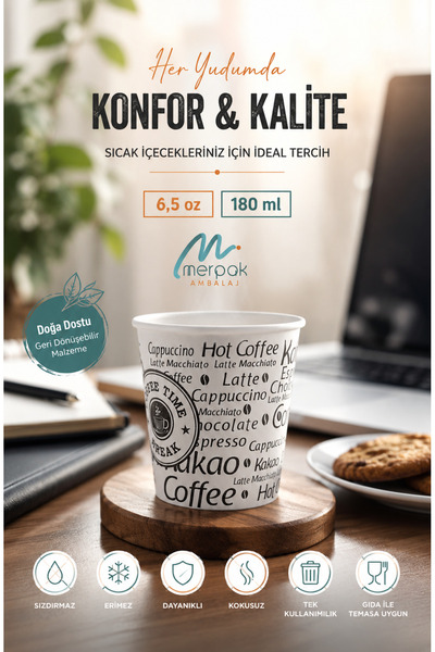Merpak Ambalaj Karton Bardak 6,5 Oz 50 Adet Sızdırmaz Erimez Dayanıklı Kağıt Bardak Kullan At Bardak 50'li
