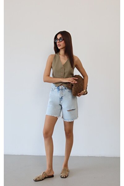 Eda Başak Atelier Women's Jean Shorts with Side Cut-Out Detail and Tassels