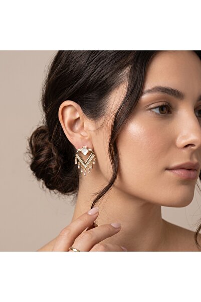 Geometrik Taşlı Gold Sallantılı Kadın Küpe