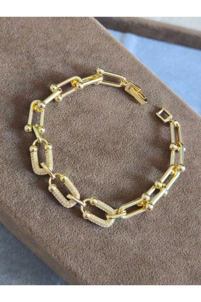 MuseumofYou T Model Bracelet, Zircon Stone Detail, Gold Color Plated, Medium Thickness, Bead Length 1.5 cm