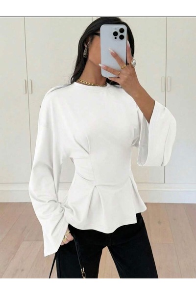 peri tower Women's Waist-Slit Flounce Long Sleeve Blouse 223