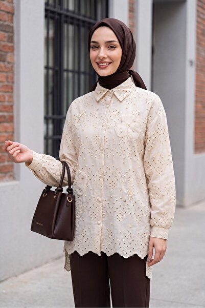 Modamorfo Organza Tulle Detailed Pearl Buttoned Long Scalloped Tunic -Beige