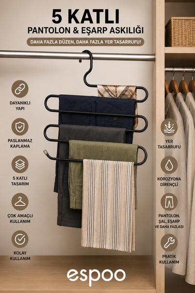 Espoo Design Siyah Metal 5 Katlı Dolap Içi Pantolon Eşarp Şal Askısı , Çoklu ...