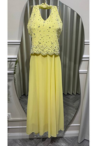 Jood Lemon Evening Dress with Shimmering Embroidery and Chiffon Skirt