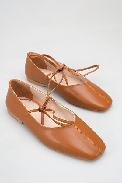 Ayakkabı Delisiyim Brown Women's Ballerina Leather Lace-Up Detailed Square To...