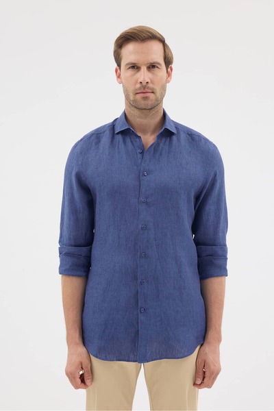 Paşahan Ιταλικό πουκάμισο με γιακά, 100% λινό, Comfort Fit για άνδρες