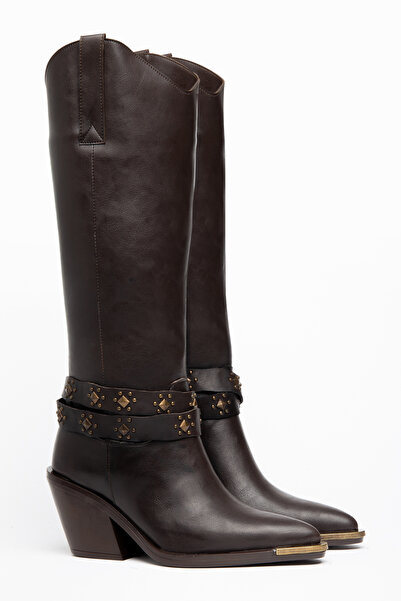 DENORA Bitter Brown Matte Leather Metal Toe Cap Below the Knee Staple Belt De...