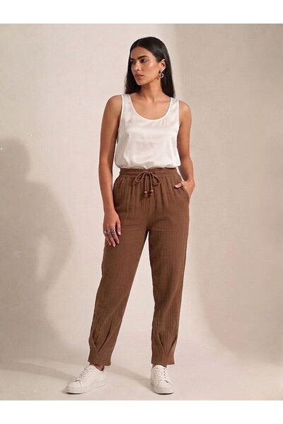 Flubutik Women's Brown Muslin Cotton Pleated Trousers