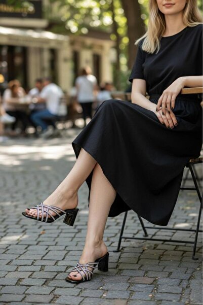 Yaz Kış Ayakkabı Women's Black Slippers with Cross Stone Straps and 7cm Thick...
