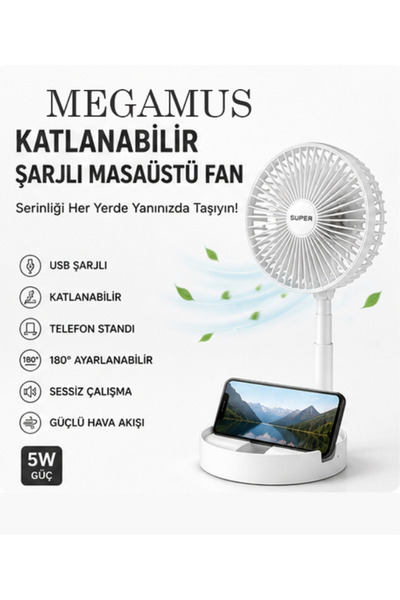 MEGAMUS Katlanabilir Şarjlı Masaüstü Fan USB Taşınabilir Vantilatör