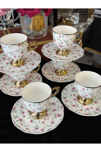 LOKMAN ZÜCCACİYE SHOWROOM 6-Piece Flowered Gilding Detail Coffee Cup Set with...