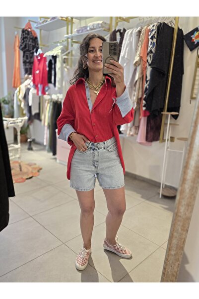 Butik Kadın, Yüksek Bel, İnce-Yumuşak Dokulu, Pamuk Kumaş, Açık Mavi, Jean Şort
