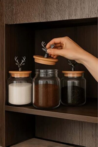 Yıldızan Edl Shop 3-Piece Metal Black Deer Figurine Glass Jar with Bamboo Lid...