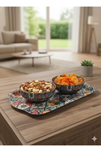 Yıldızan Edl Shop Metal Mosaic Patterned 2-Piece Serving Bowl Set, Double Com...