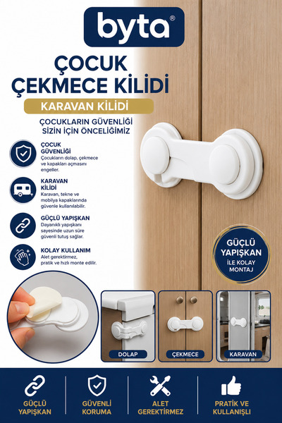 BYTA Çocuk Güvenlik Kilidi Kendinden Yapışkanlı Dolap ve Çekmece Kilidi Karav...