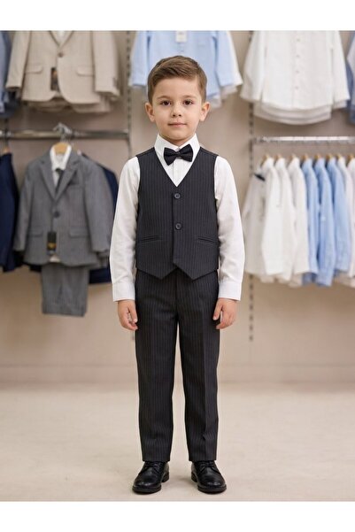Efbey kids Boys' Black Striped Vest Suit with Shirt and Bow Tie 4-Piece Set