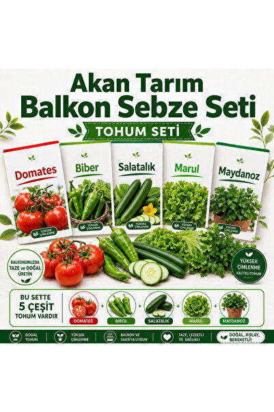 Akan Tarım Balkon Hobi Sebze Tohumu Seti - Domates Biber Salatalık Marul Mayd...