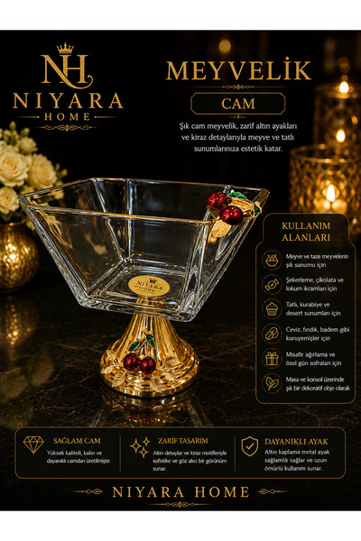 Niyara home طبق فواكه زجاجي أنيق من MEYVELİK NIYARA • HOME- CAM، مزود بأرجل ذ...