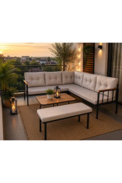 todek home Riva Metal Bahçe Balkon Köşe Takımı Siyah Boyalı İskelet Keten Kum...