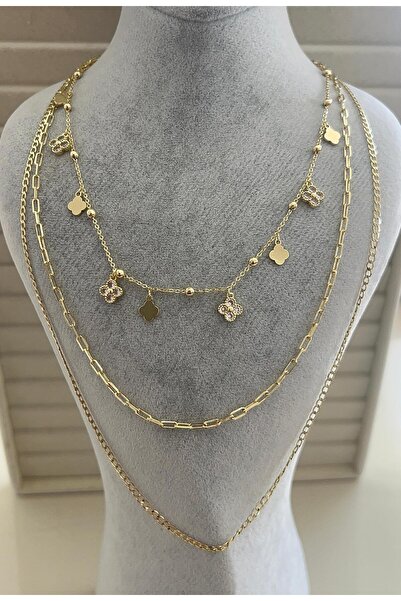 Gosea Clover Figured Layered Necklace Women's Zircon Stone Multi Chain Steel ...