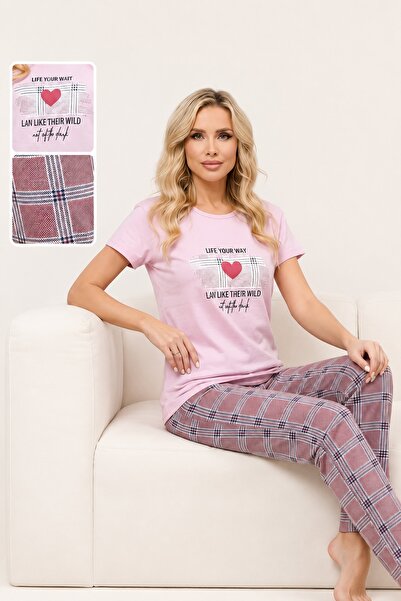 CottonVia Women's Pajama Set, 100% Cotton, Short Sleeve, Crew Neck, Heart Pri...