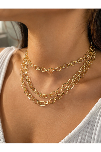 PURE BERRY 3 Straight Rows of Thick Gold Ring Necklace