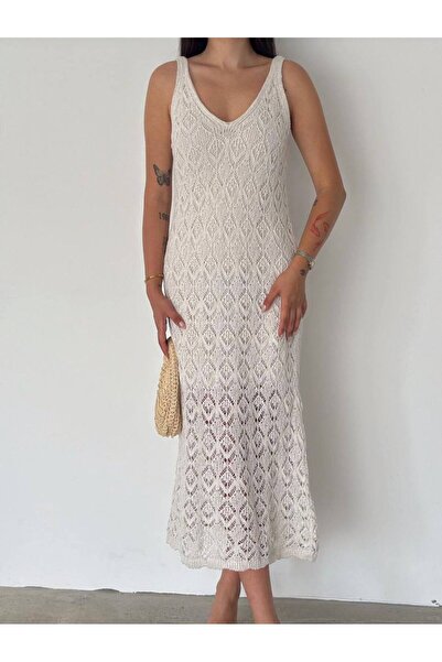 Jöns Butik Women's Ecru Openwork Knitwear Strap Maxi Dress Summer Beach Dress
