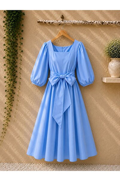 KÜÇÜĞÜM BUTİK Blue Flared Big Bow Square Neck Poplin Dress
