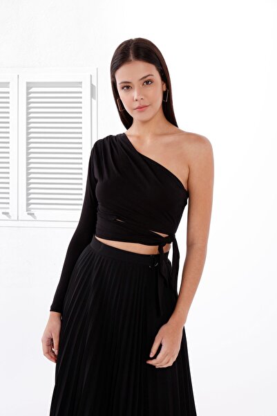 FIRST STYLE Beautiful Black Turkish Blouse with One Shoulder and Wrap Design.