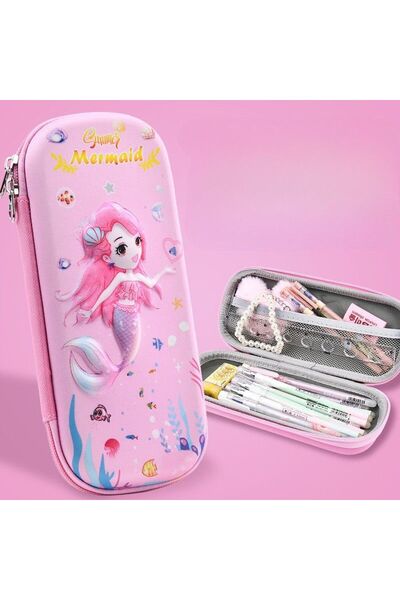 idei Cutie de Pixuri Rigidă EVA cu Relief 3D Sirenă Roz Pastel, Dimensiuni 21...