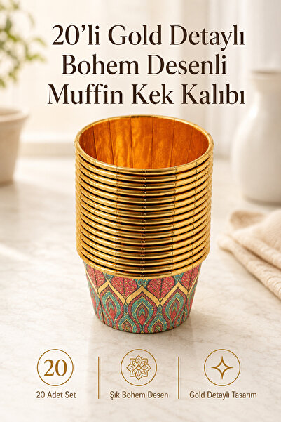 DİVAYS 20’li Gold Detaylı Bohem Desenli Muffin Cupcake Kağıt Kek Kalıbı