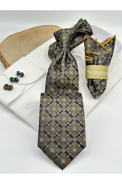 Gutiero Khaki Patterned Classic Tie with Handkerchief