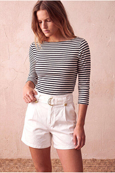 WESTMARK LONDON Women's Black / Ecru Striped Cotton Slim Fit Boat Neck 3/4 Sl...