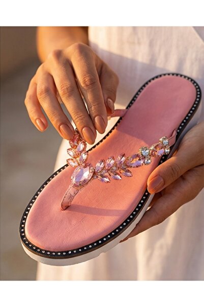 futsi shoes JULIETTE Pembe Hakiki Deri Taş İşlemeli Parmak Arası Kadın Terlik