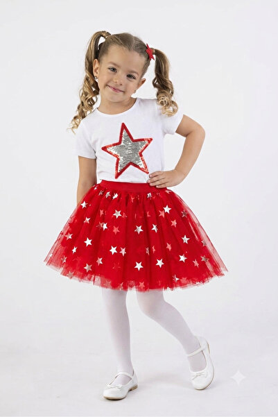 NATS KİDS Girl's Star Sequined T-Shirt Tulle Skirt Set Red White Summer 2-Pie...